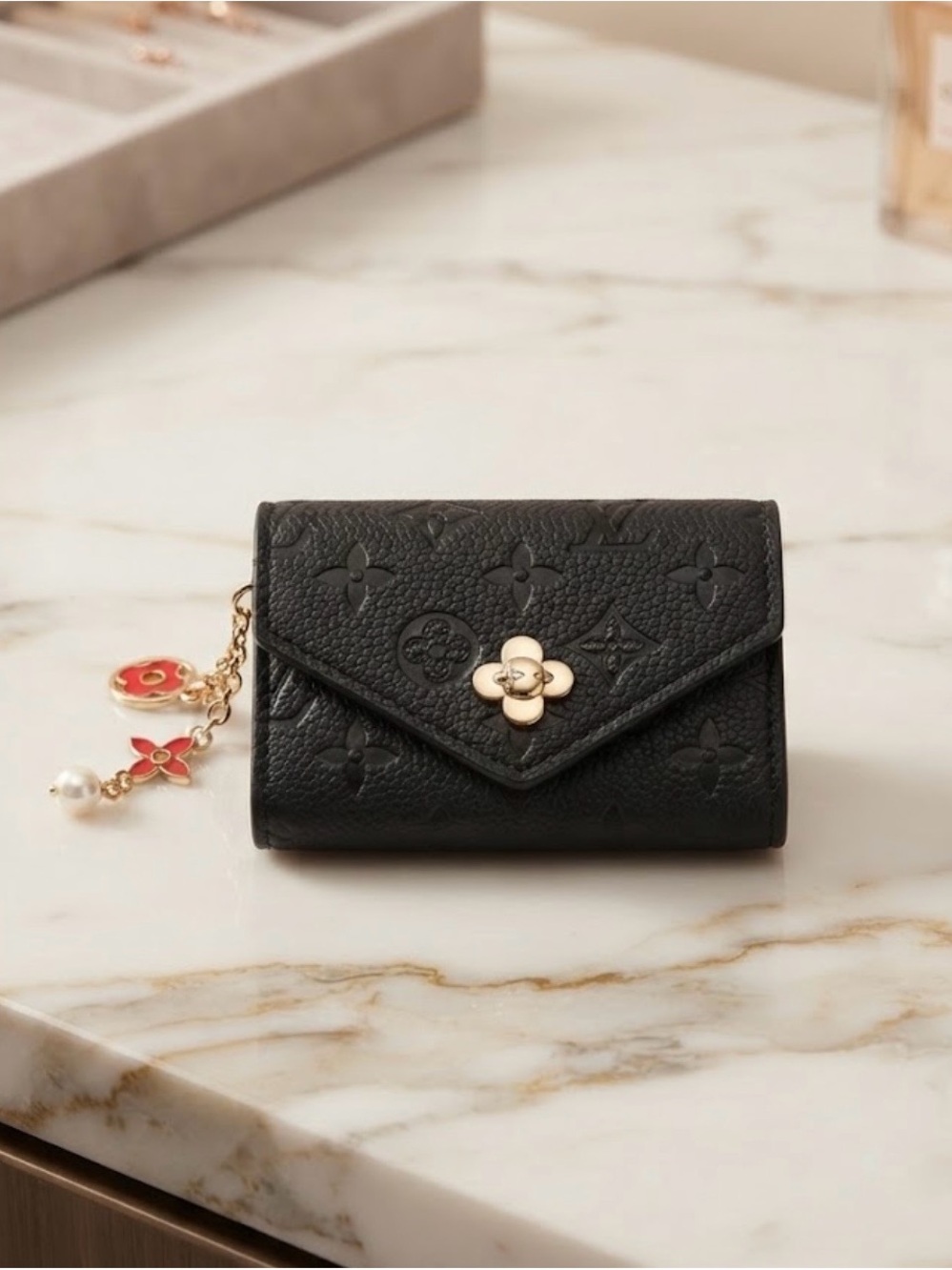 Black Embossed short Wallet with Gold Floral Accent